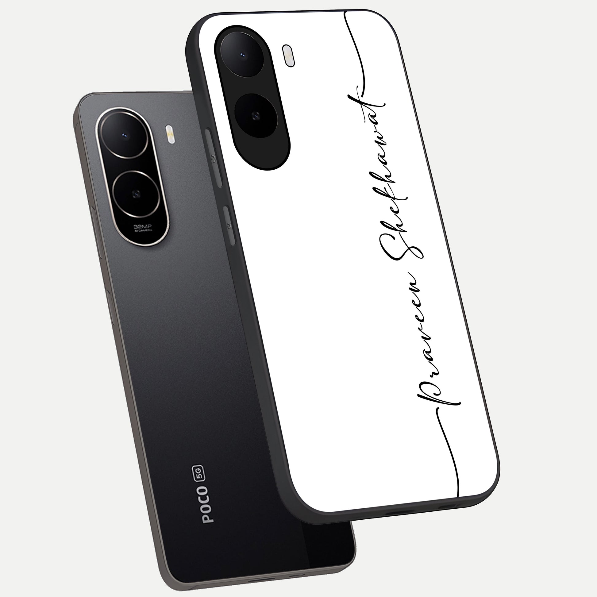  White Tune Custom Name phone case For Poco C85x showing premium custom name glass back cover