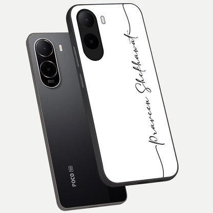  White Tune Custom Name phone case For Poco C85x showing premium custom name glass back cover