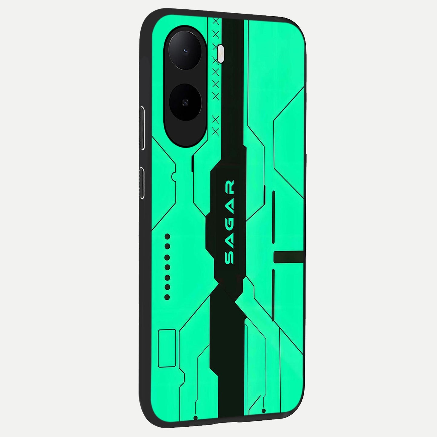  Aqua Tech CYBERPUNK Custom Name back cover For Poco C85x slim fit glass case with vibrant aesthetic design