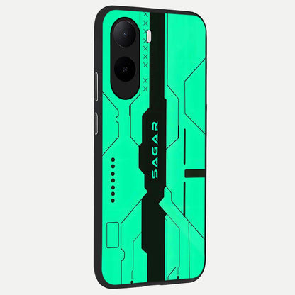  Aqua Tech CYBERPUNK Custom Name back cover For Poco C85x slim fit glass case with vibrant aesthetic design