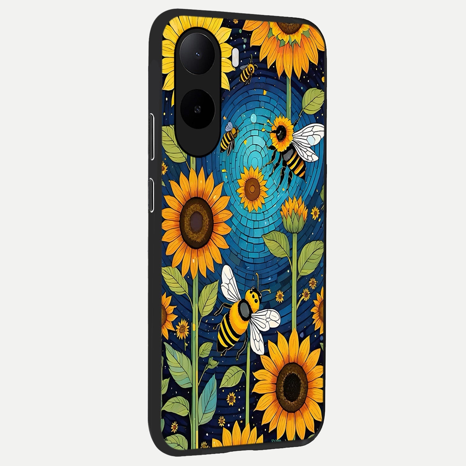  Bees And Sunflowers back cover For Poco C85x slim fit glass case with vibrant aesthetic design