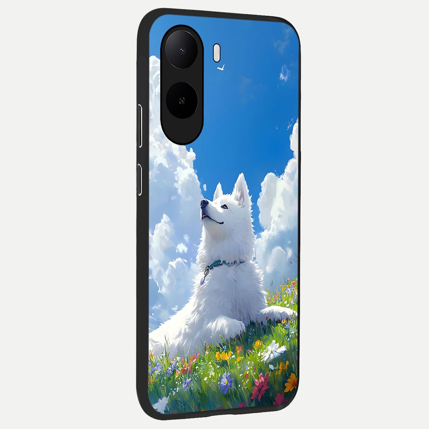  Blissful Cloud Pup back cover For Poco C85x slim fit glass case with vibrant aesthetic design