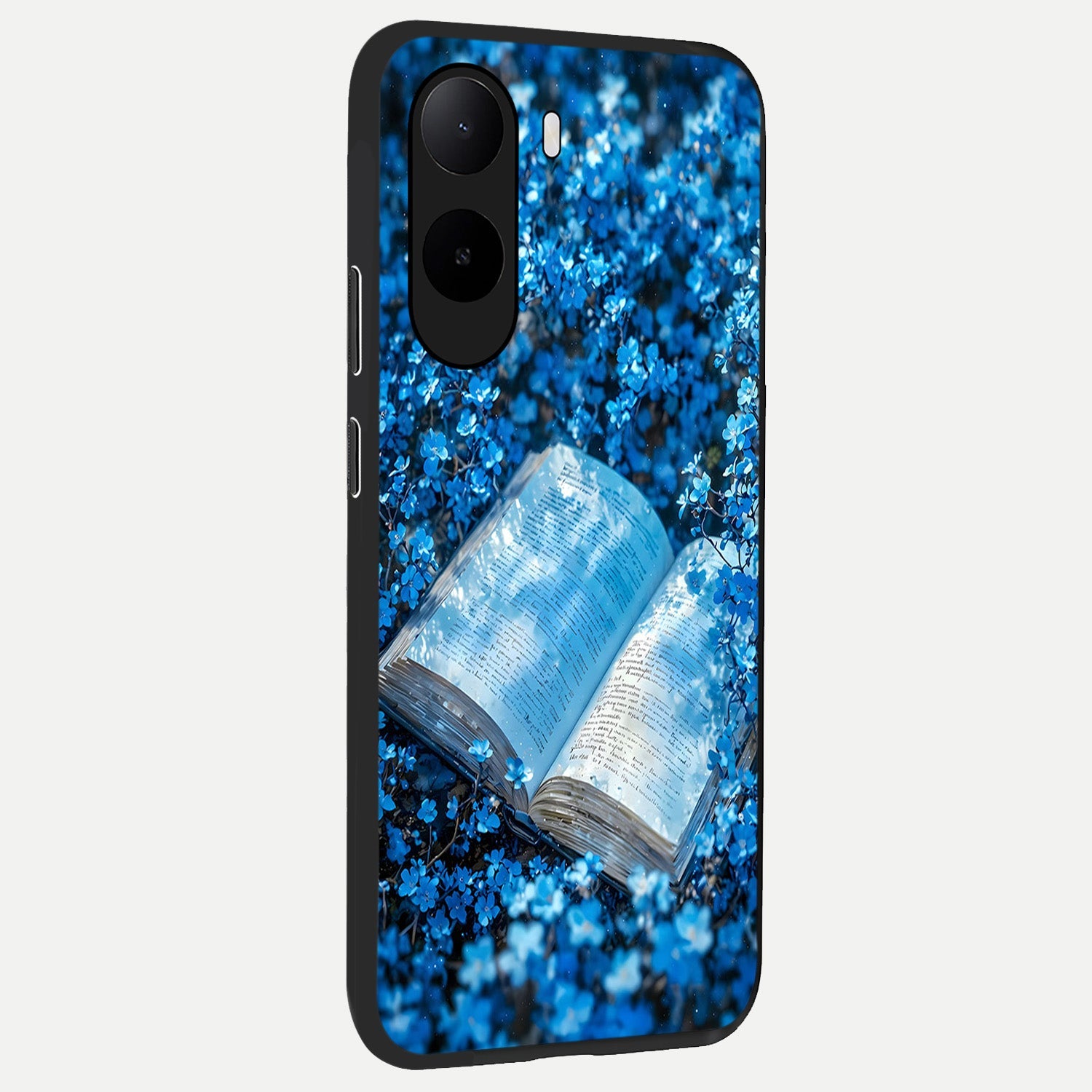  Blue Bloom Tales back cover For Poco C85x slim fit glass case with vibrant aesthetic design
