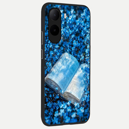  Blue Bloom Tales back cover For Poco C85x slim fit glass case with vibrant aesthetic design