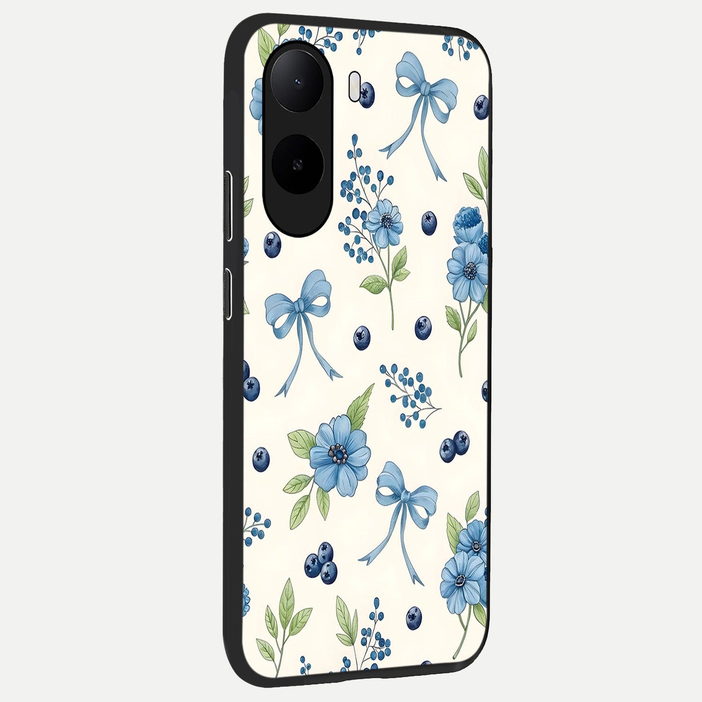  Blue Flower And Bow back cover For Poco C85x slim fit glass case with vibrant aesthetic design