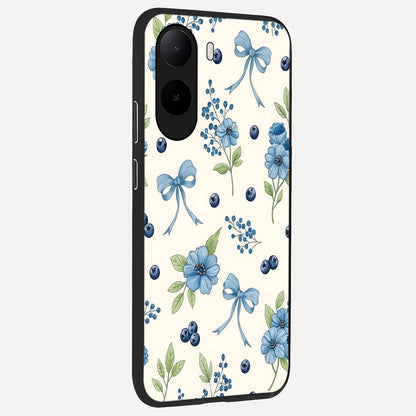  Blue Flower And Bow back cover For Poco C85x slim fit glass case with vibrant aesthetic design