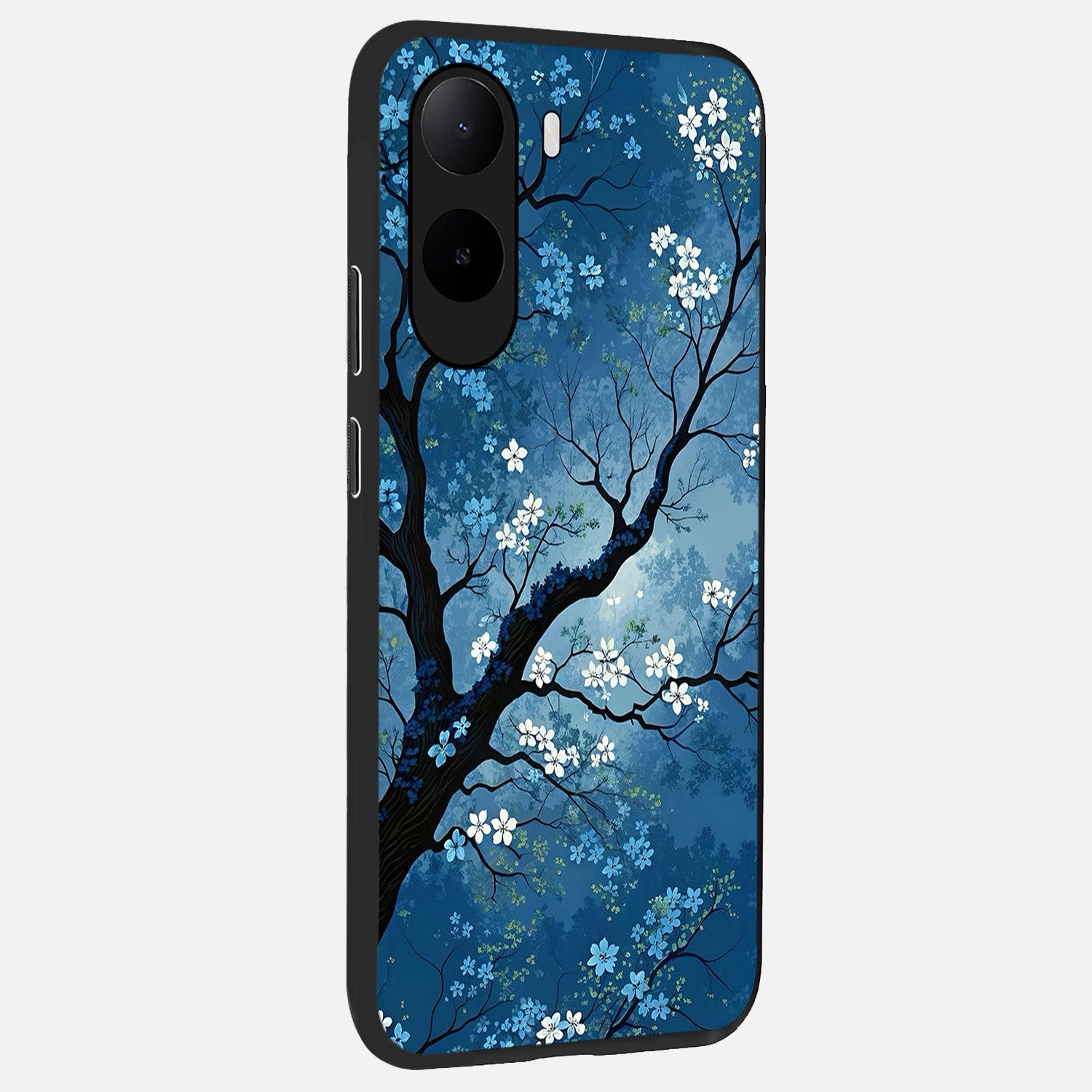  Blue Tree Serenity back cover For Poco C85x slim fit glass case with vibrant aesthetic design
