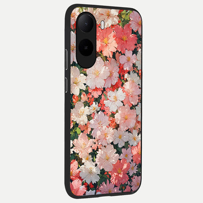  Blush Bloom Field back cover For Poco C85x slim fit glass case with vibrant aesthetic design