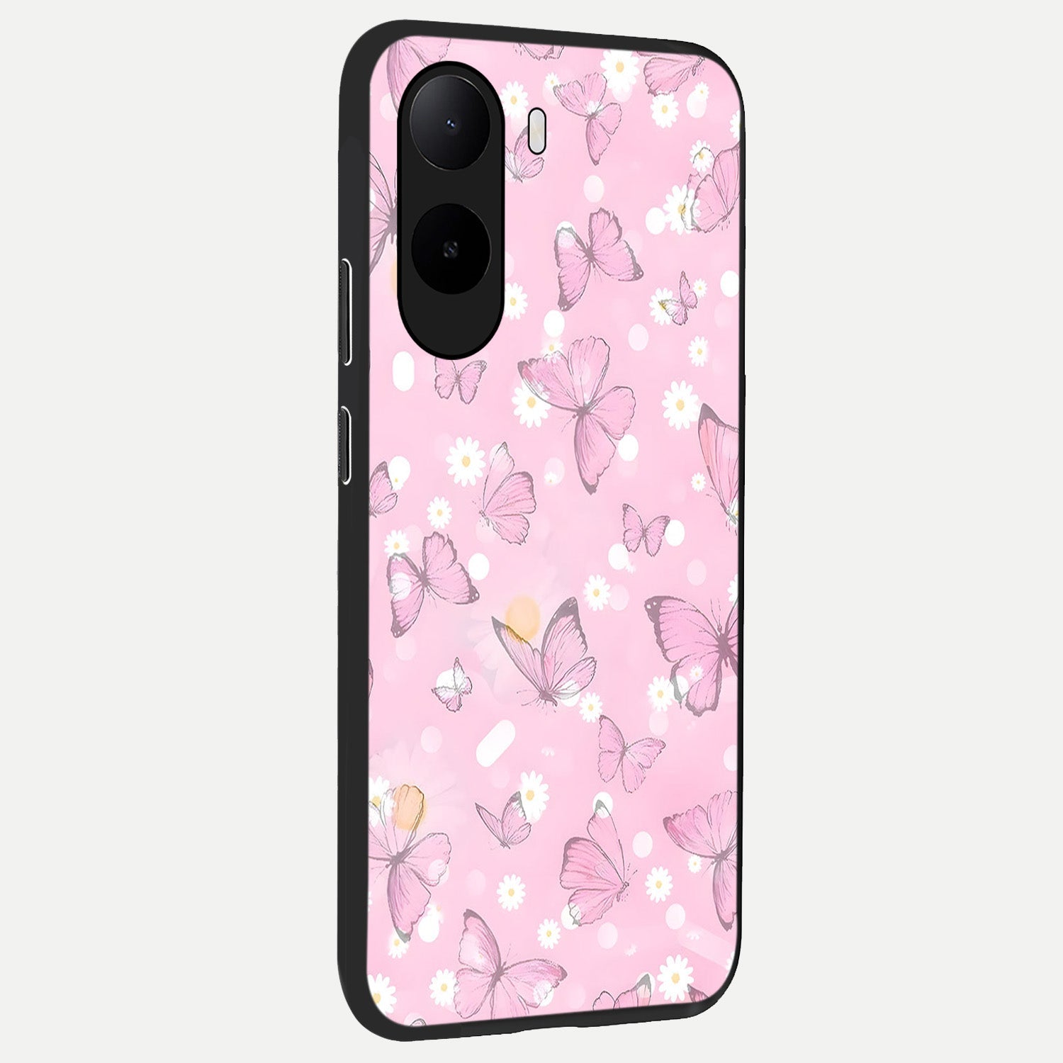 Blush Butterfly Garden back cover For Poco C85x slim fit glass case with vibrant aesthetic design