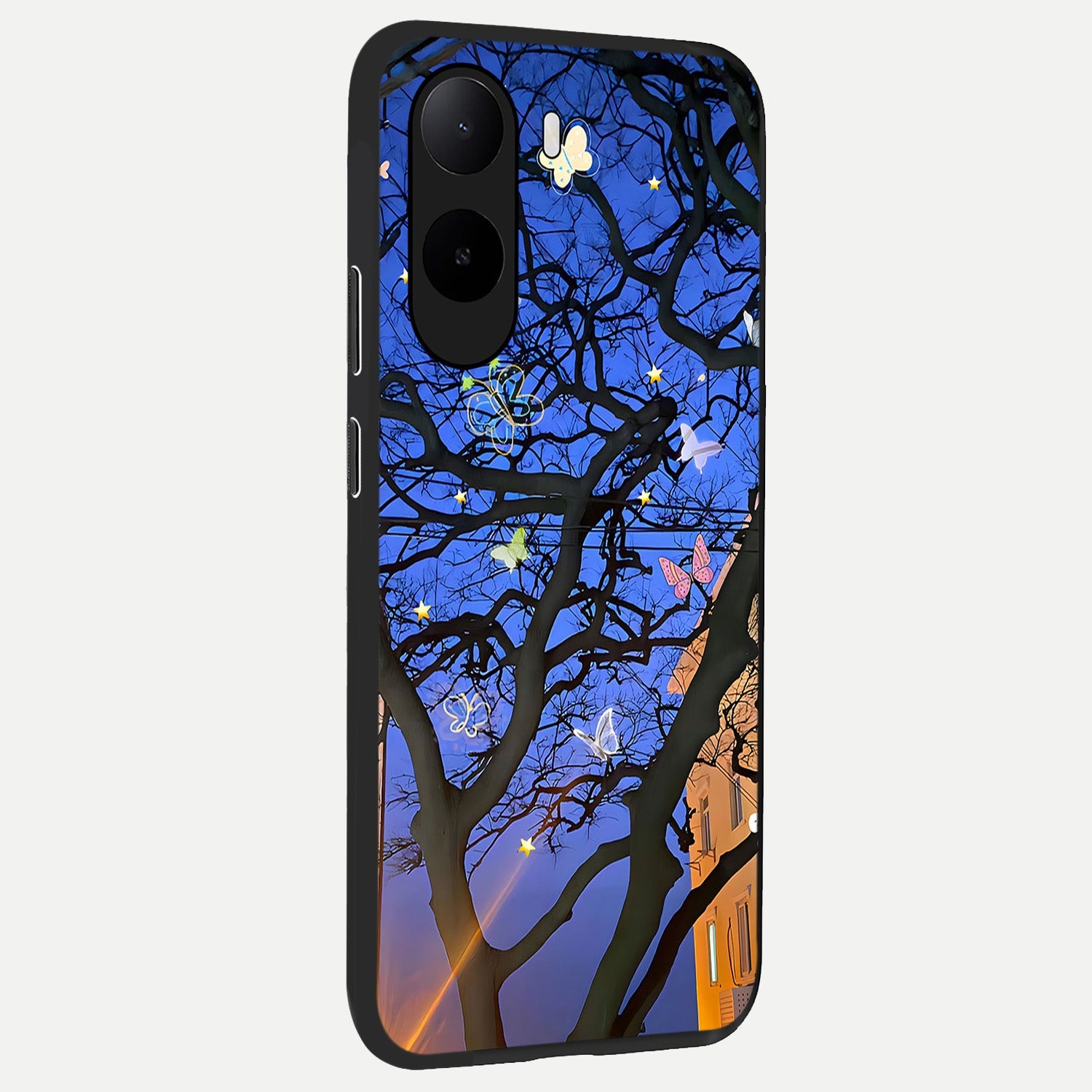  Butterfly Night Magic back cover For Poco C85x slim fit glass case with vibrant aesthetic design