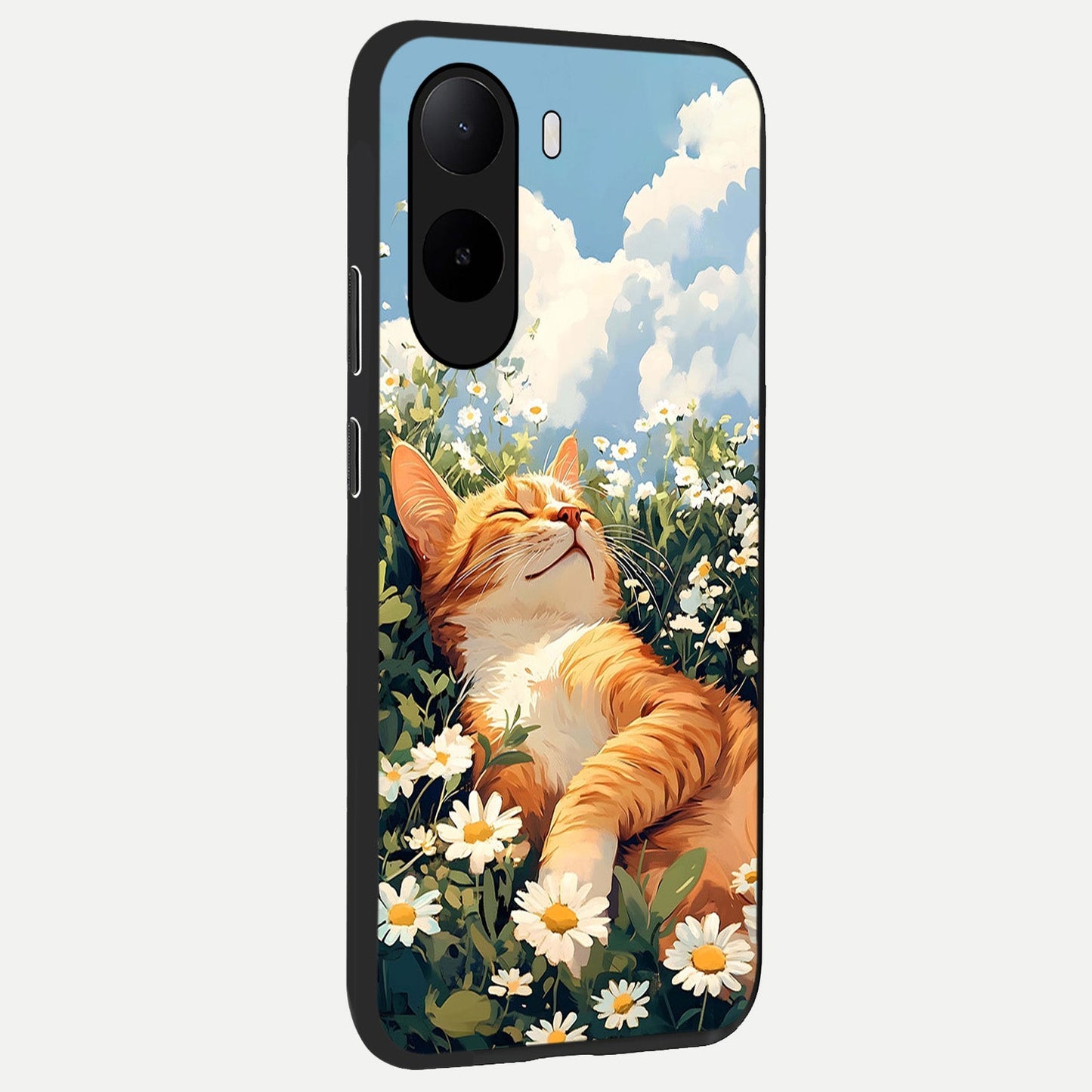  Cat And Flowers View back cover For Poco C85x slim fit glass case with vibrant aesthetic design