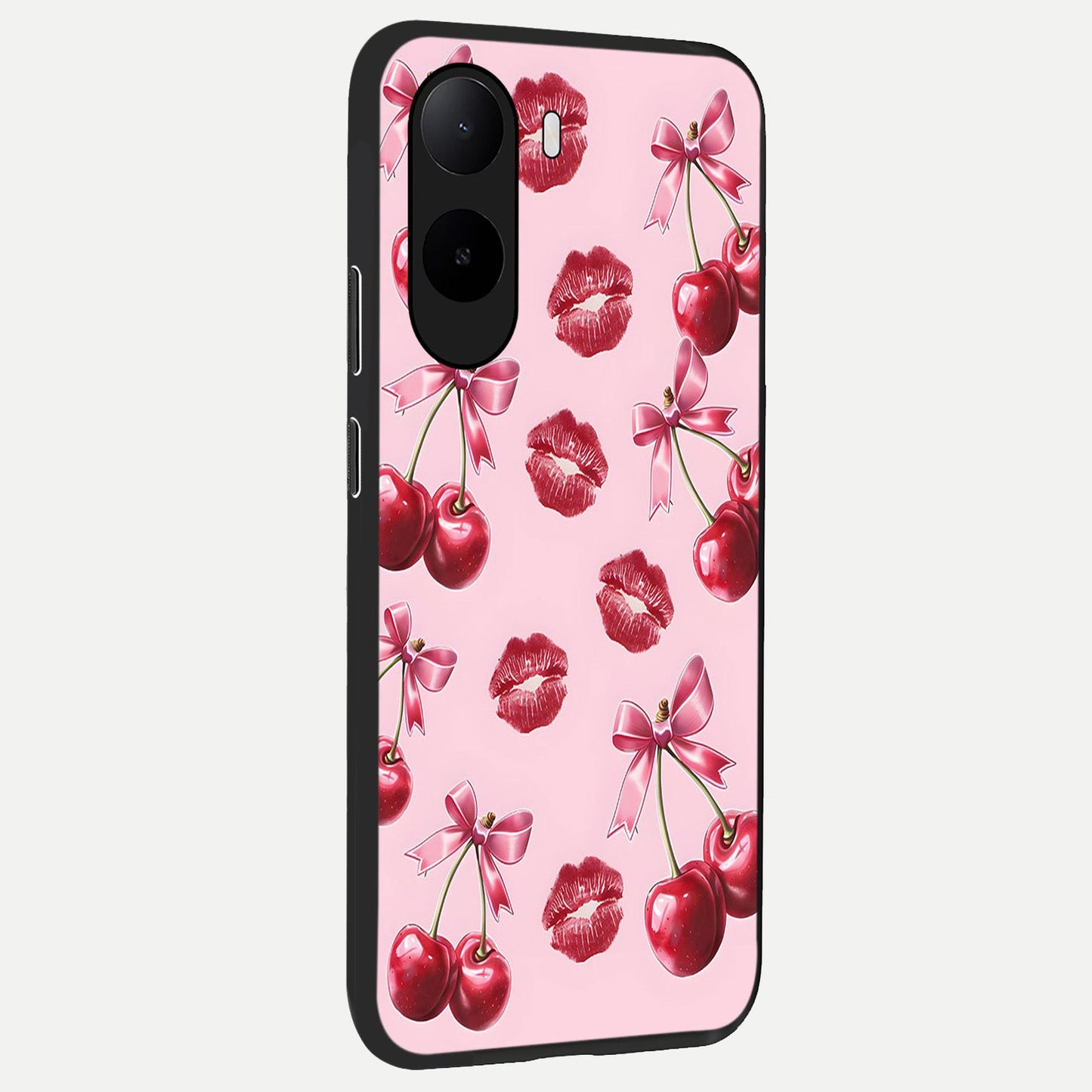  Cherry With Lips back cover For Poco C85x slim fit glass case with vibrant aesthetic design