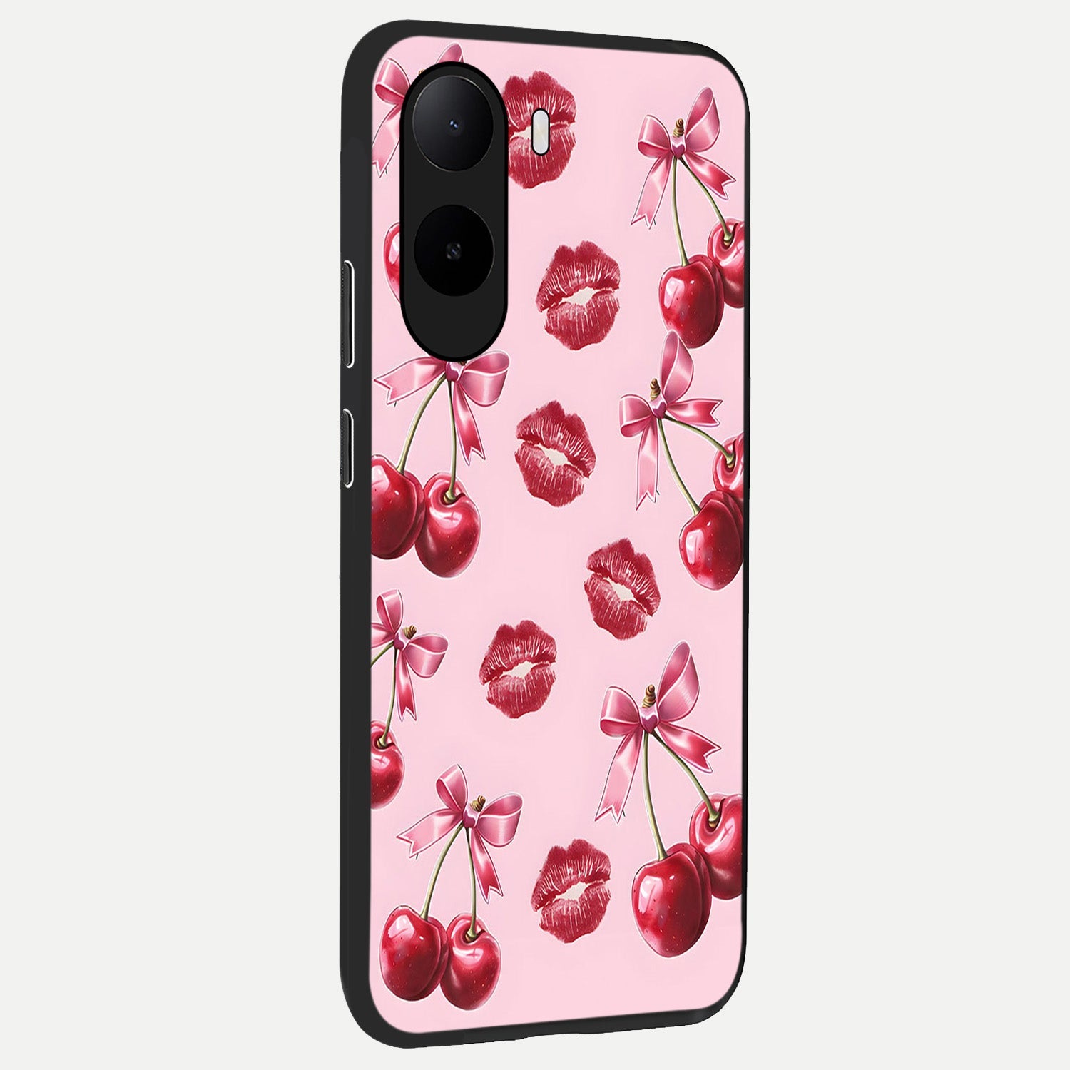  Cherry With Lips back cover For Poco C85x slim fit glass case with vibrant aesthetic design