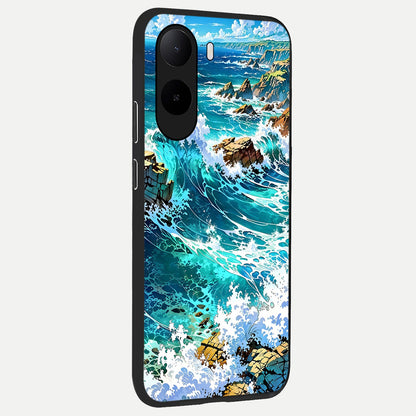  Coastal Blue Waves back cover For Poco C85x slim fit glass case with vibrant aesthetic design