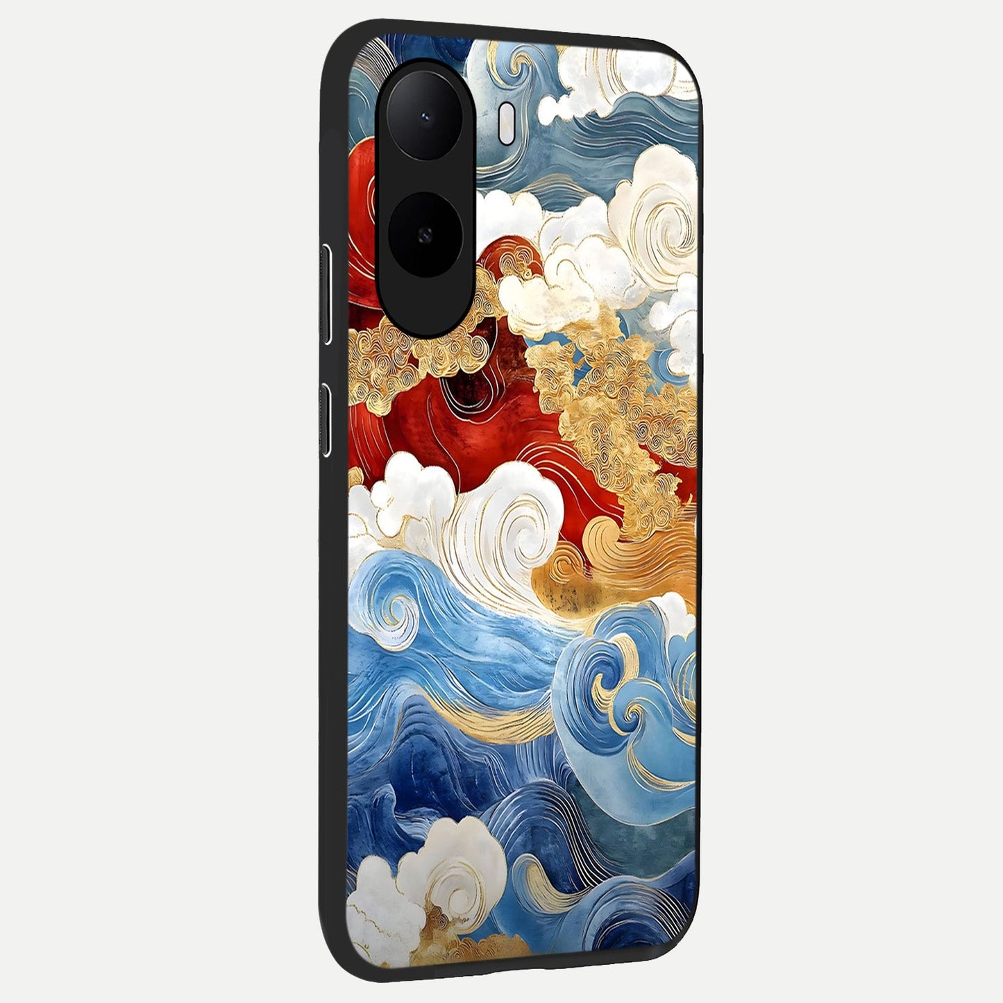  Colored Waves back cover For Poco C85x slim fit glass case with vibrant aesthetic design