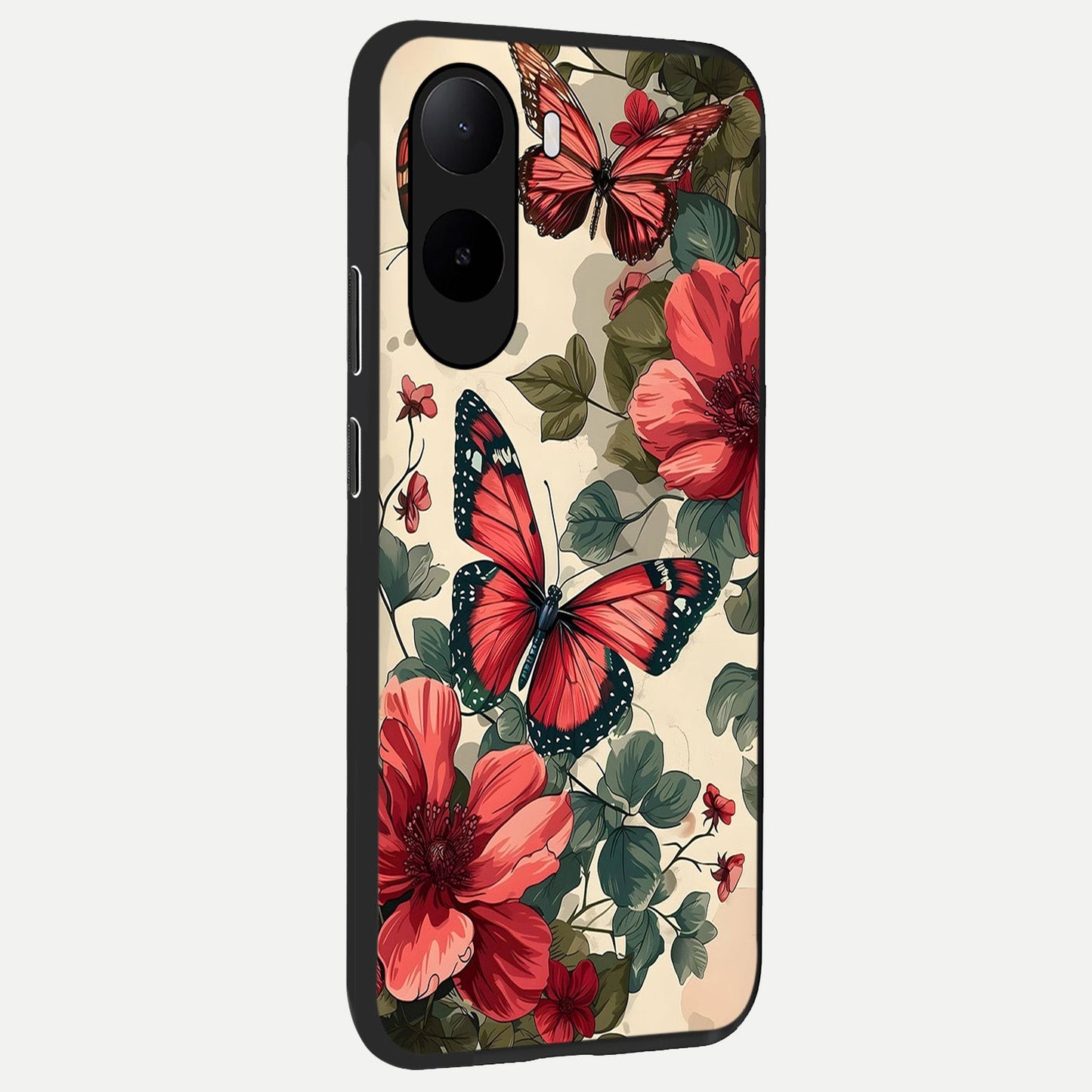  Crimson Butterfly Garden back cover For Poco C85x slim fit glass case with vibrant aesthetic design