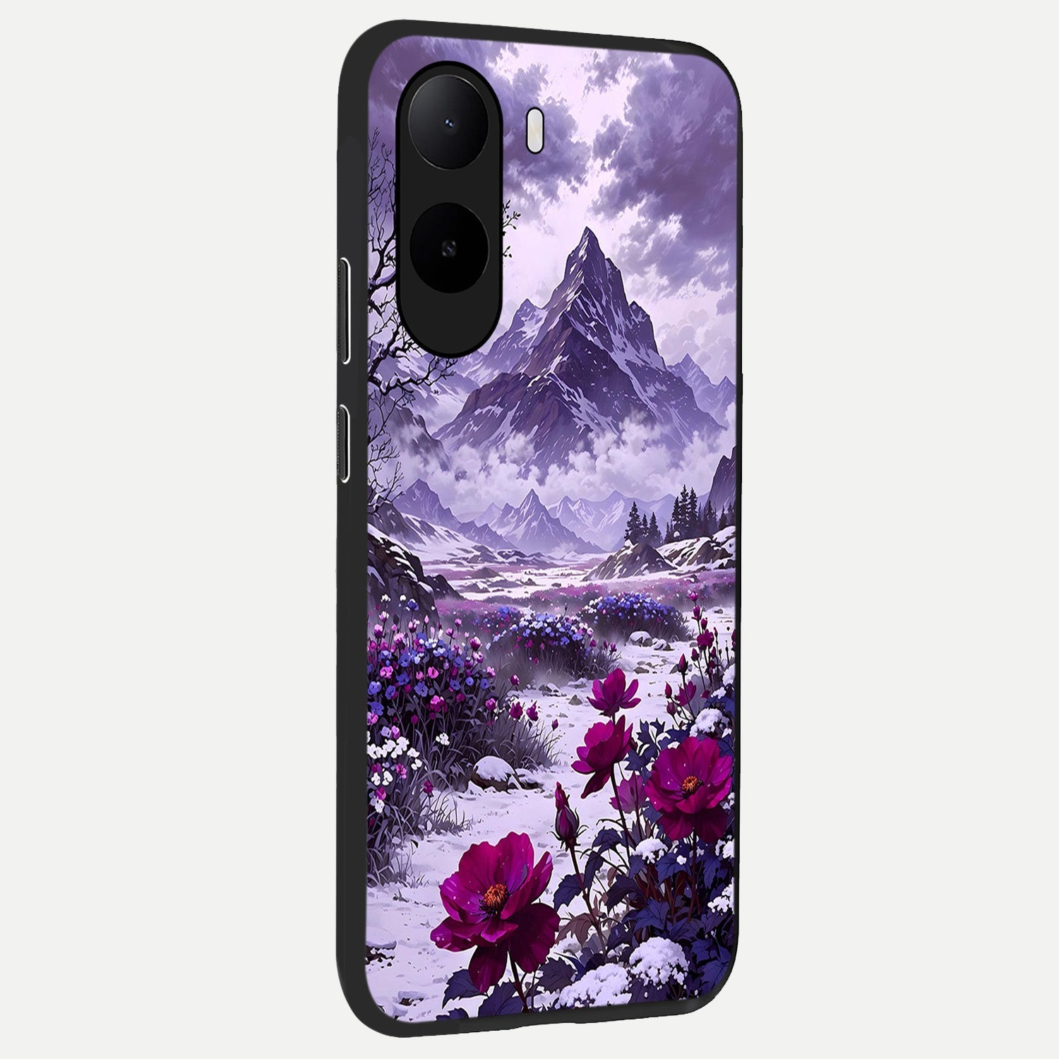  Flower Mountain View back cover For Poco C85x slim fit glass case with vibrant aesthetic design