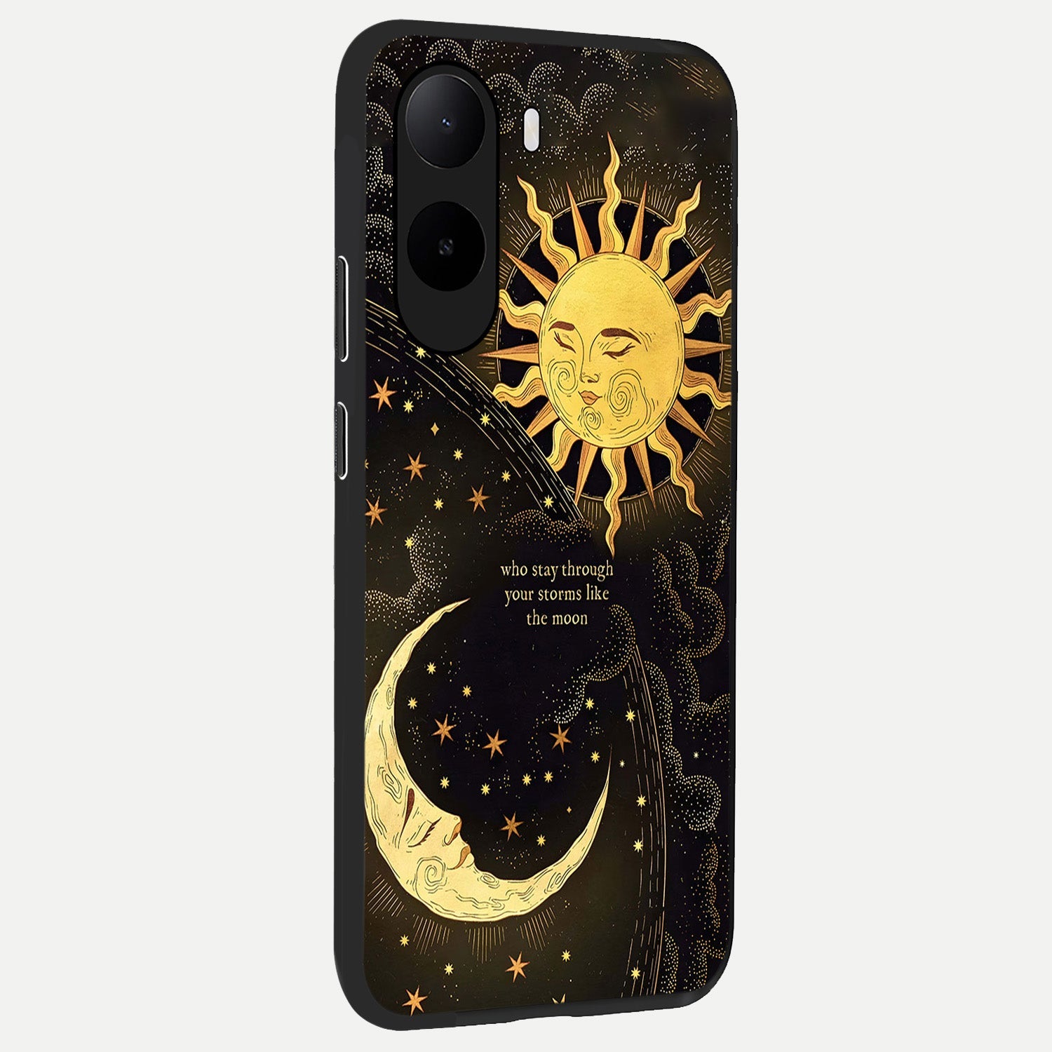  Golden Lunar Love back cover For Poco C85x slim fit glass case with vibrant aesthetic design