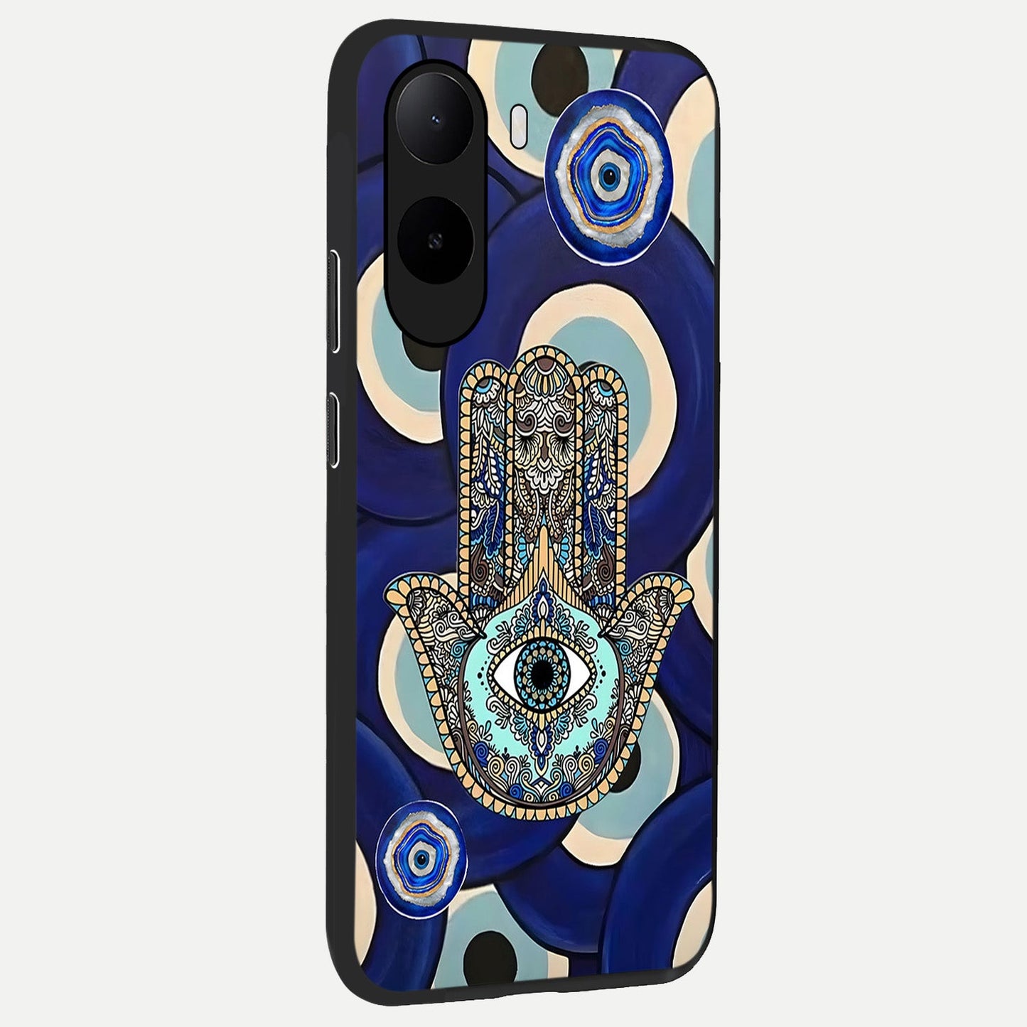  Hamsa Divine Guard back cover For Poco C85x slim fit glass case with vibrant aesthetic design