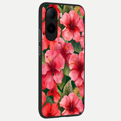 Hibiscus Pattern back cover For Poco C85x slim fit glass case with vibrant aesthetic design