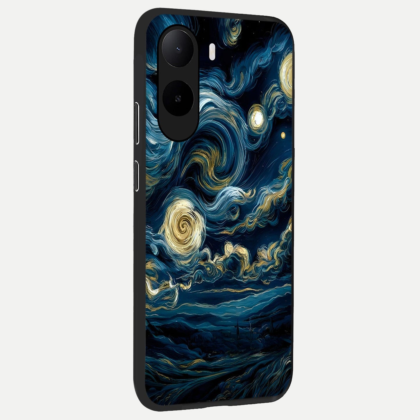  Midnight Sky Whirl back cover For Poco C85x slim fit glass case with vibrant aesthetic design