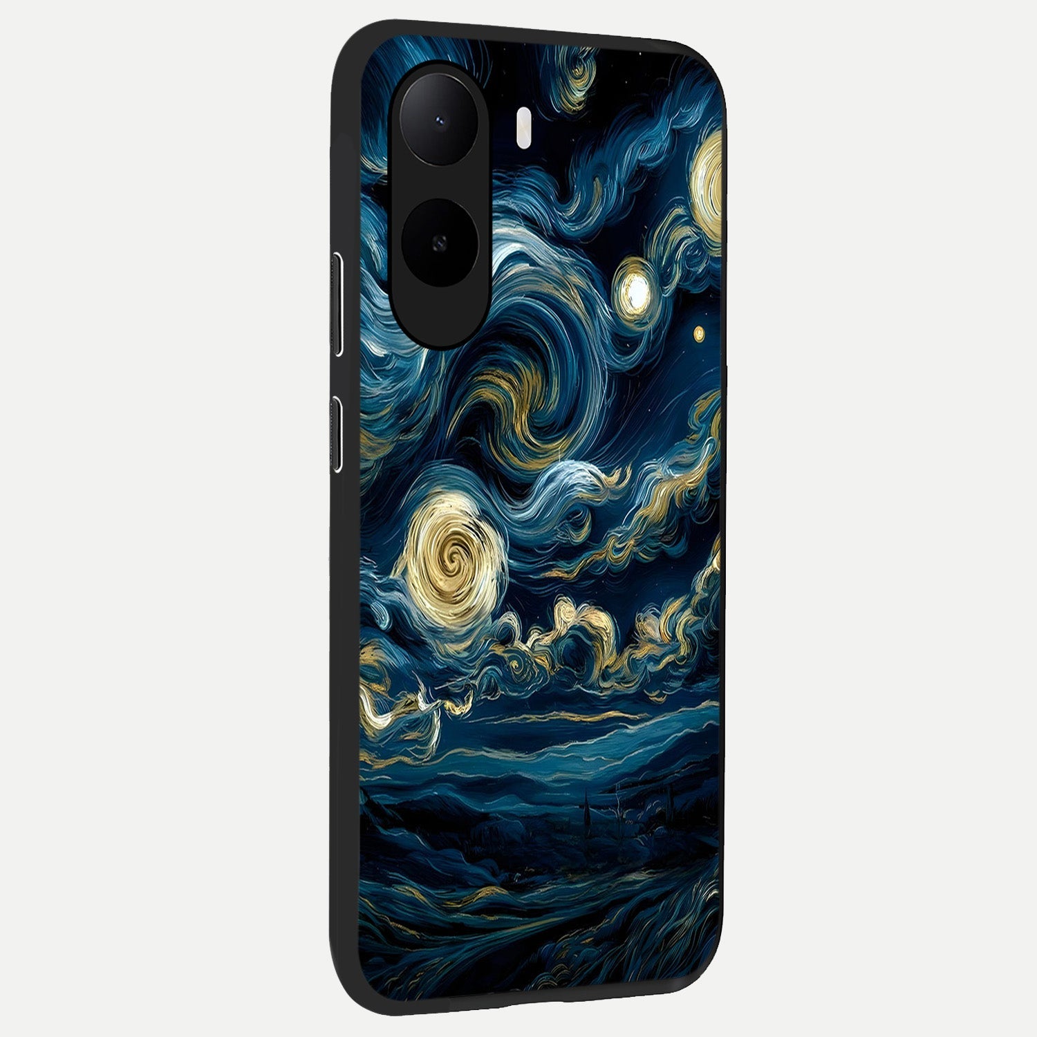  Midnight Sky Whirl back cover For Poco C85x slim fit glass case with vibrant aesthetic design