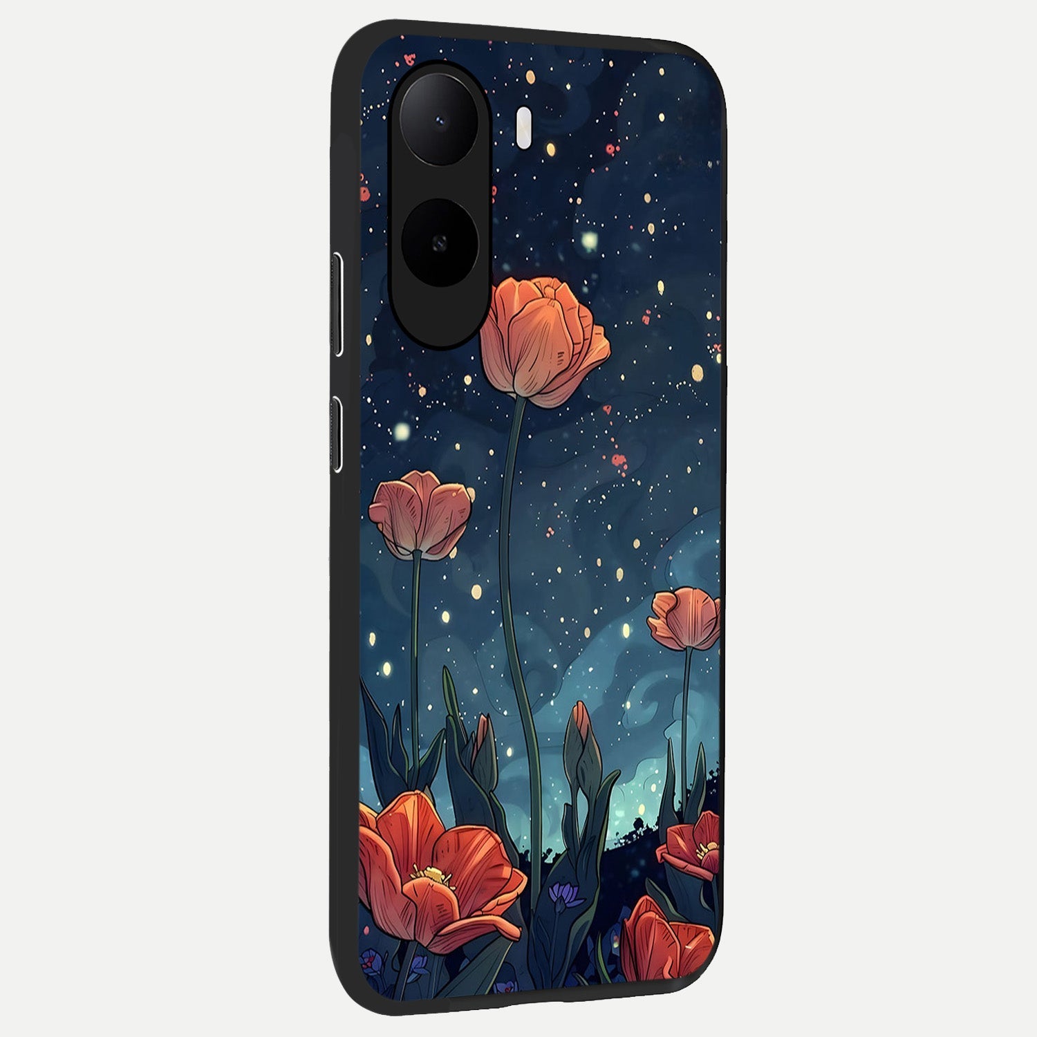  Midnight Tulip Glow back cover For Poco C85x slim fit glass case with vibrant aesthetic design