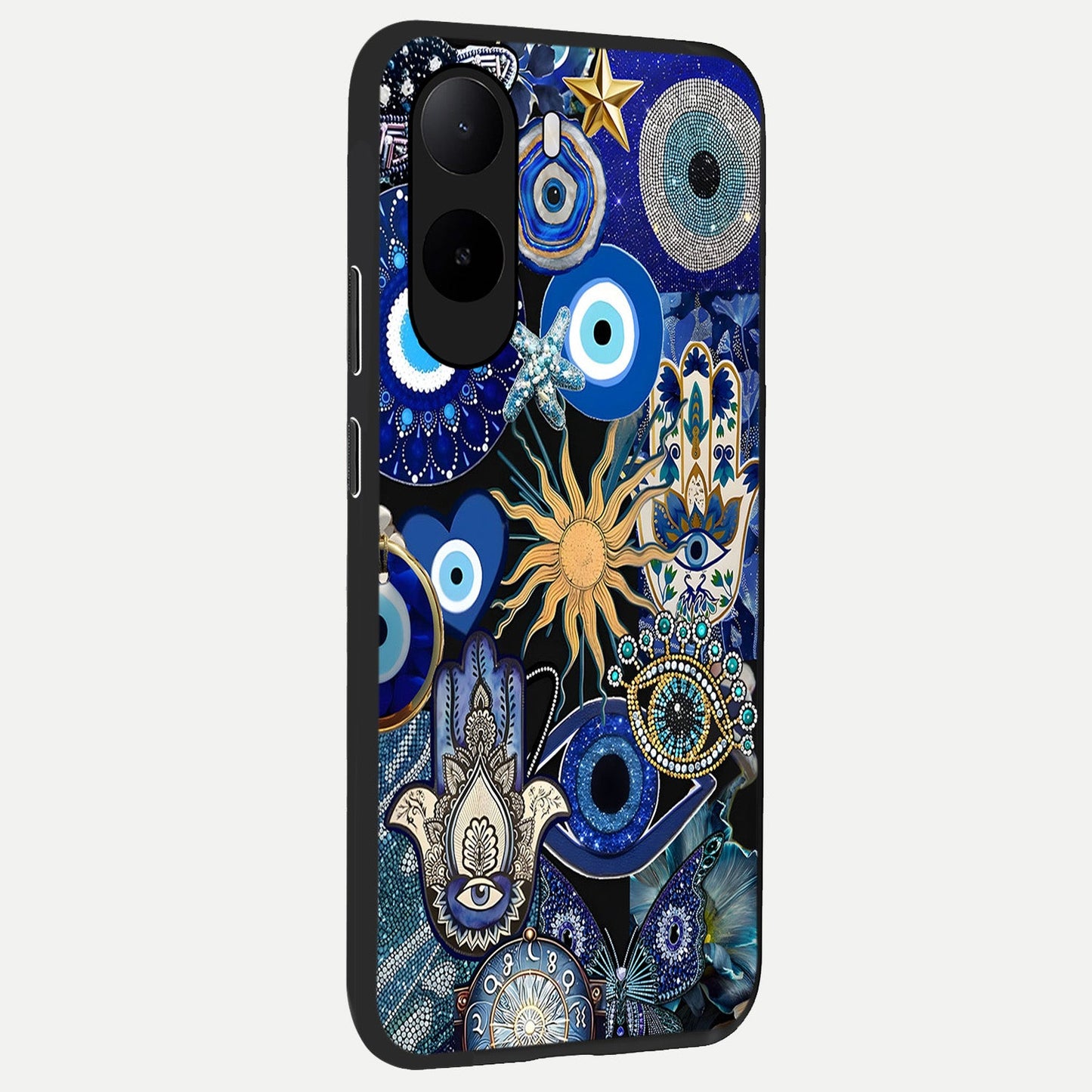  Mystic Blue Evil Eye back cover For Poco C85x slim fit glass case with vibrant aesthetic design