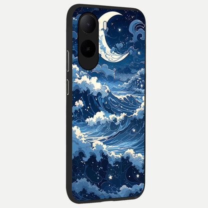  Ocean Moon Waves back cover For Poco C85x slim fit glass case with vibrant aesthetic design