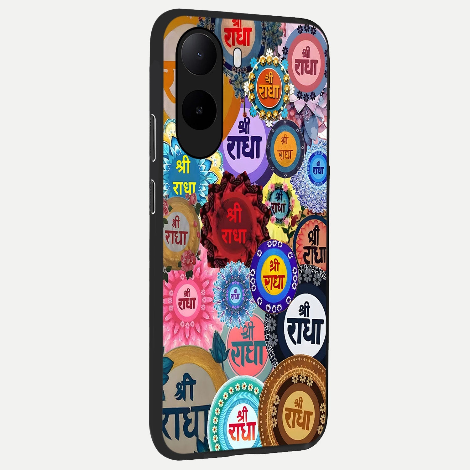  Radha Divine Bloom back cover For Poco C85x slim fit glass case with vibrant aesthetic design