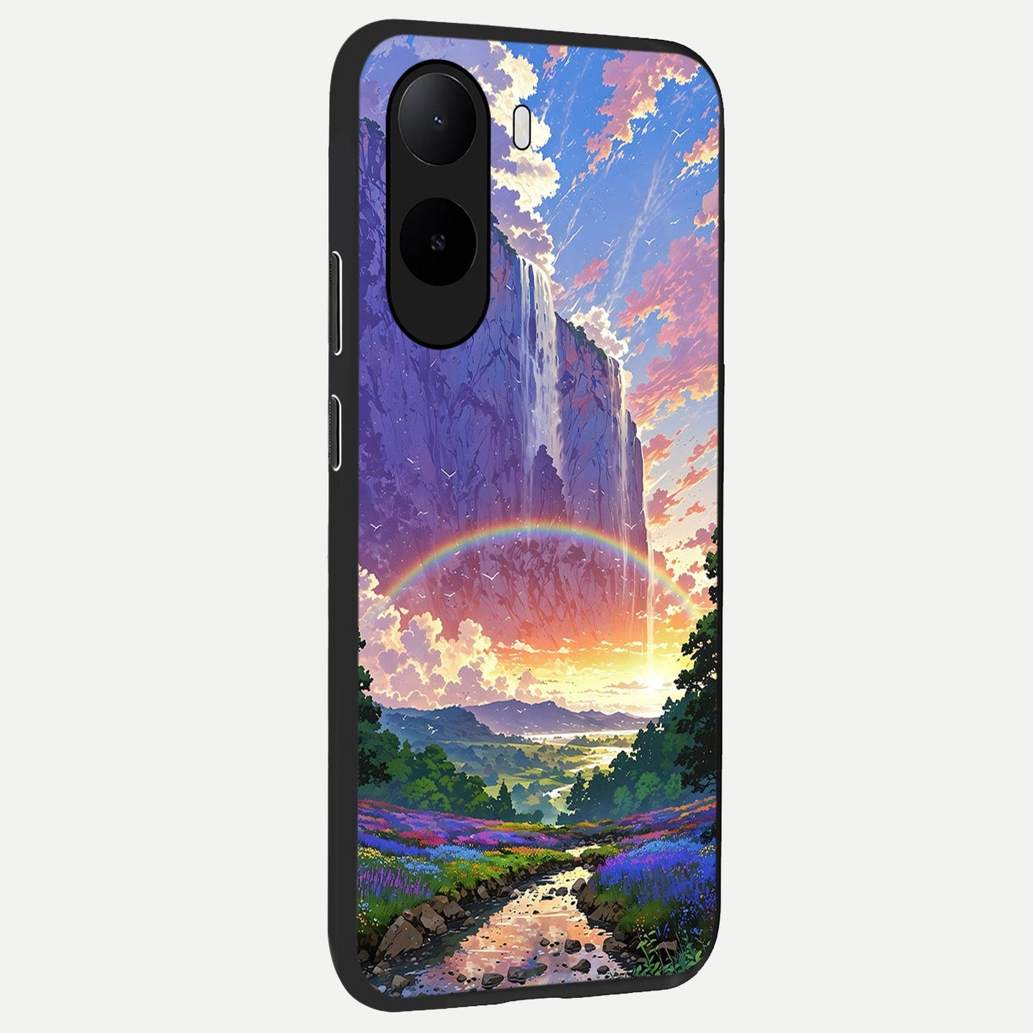  Rainbow Valley Dream back cover For Poco C85x slim fit glass case with vibrant aesthetic design