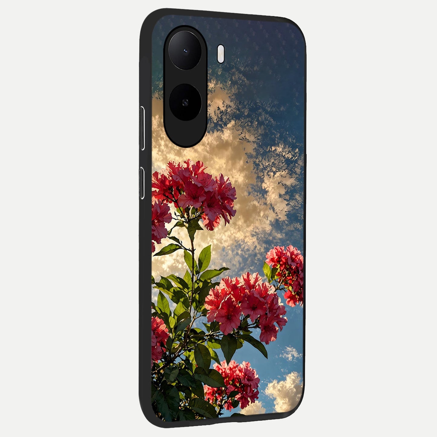  Red Bloom Skies back cover For Poco C85x slim fit glass case with vibrant aesthetic design