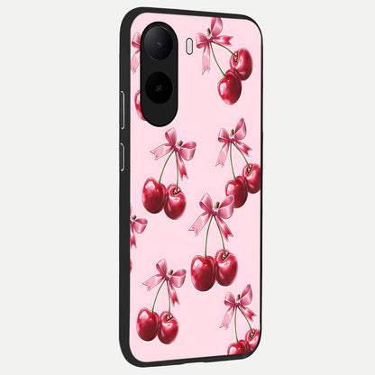  Red Cherries Pattern back cover For Poco C85x slim fit glass case with vibrant aesthetic design