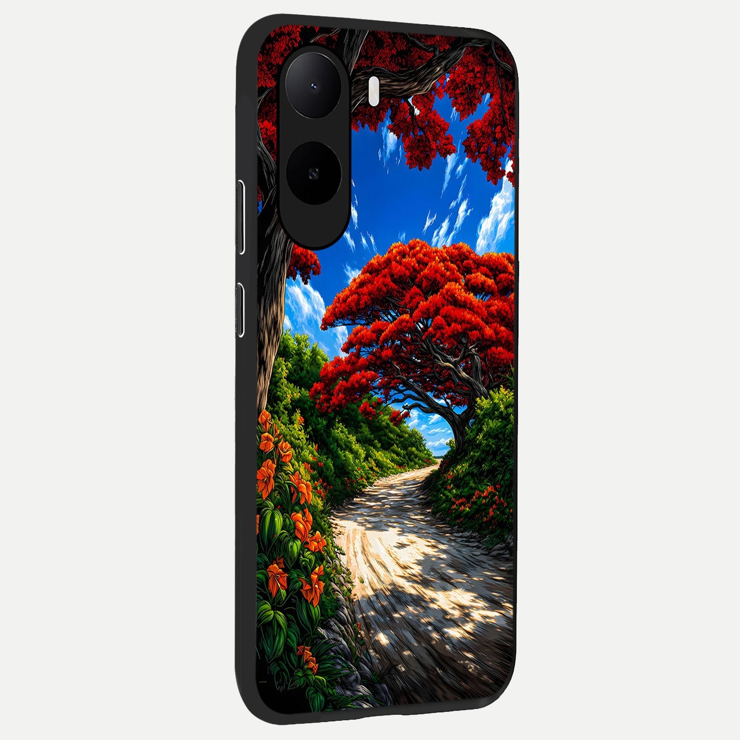  Red Trees Pathway back cover For Poco C85x slim fit glass case with vibrant aesthetic design