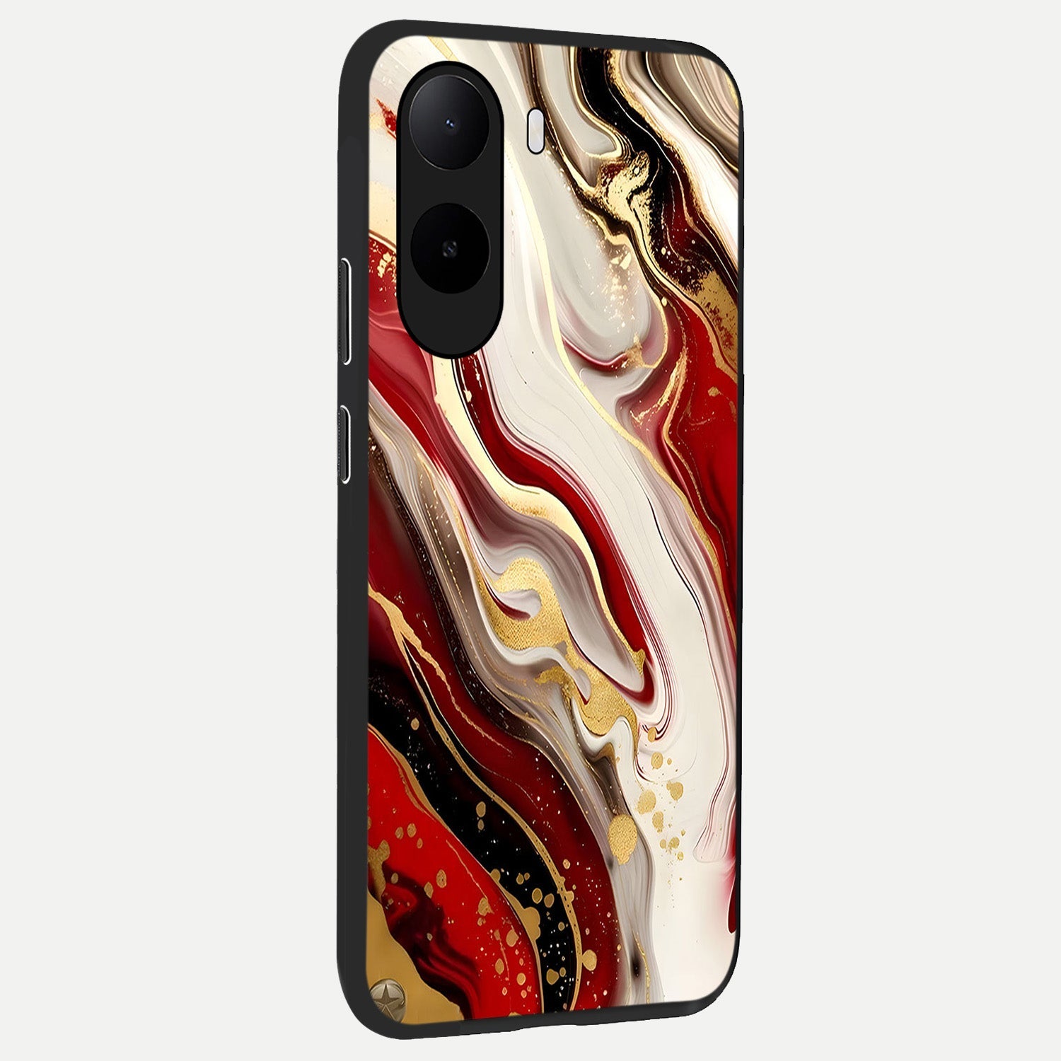  Red And White Marble back cover For Poco C85x slim fit glass case with vibrant aesthetic design