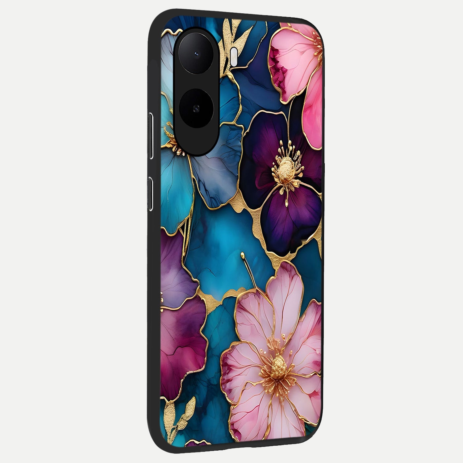  Sparkle Floral back cover For Poco C85x slim fit glass case with vibrant aesthetic design