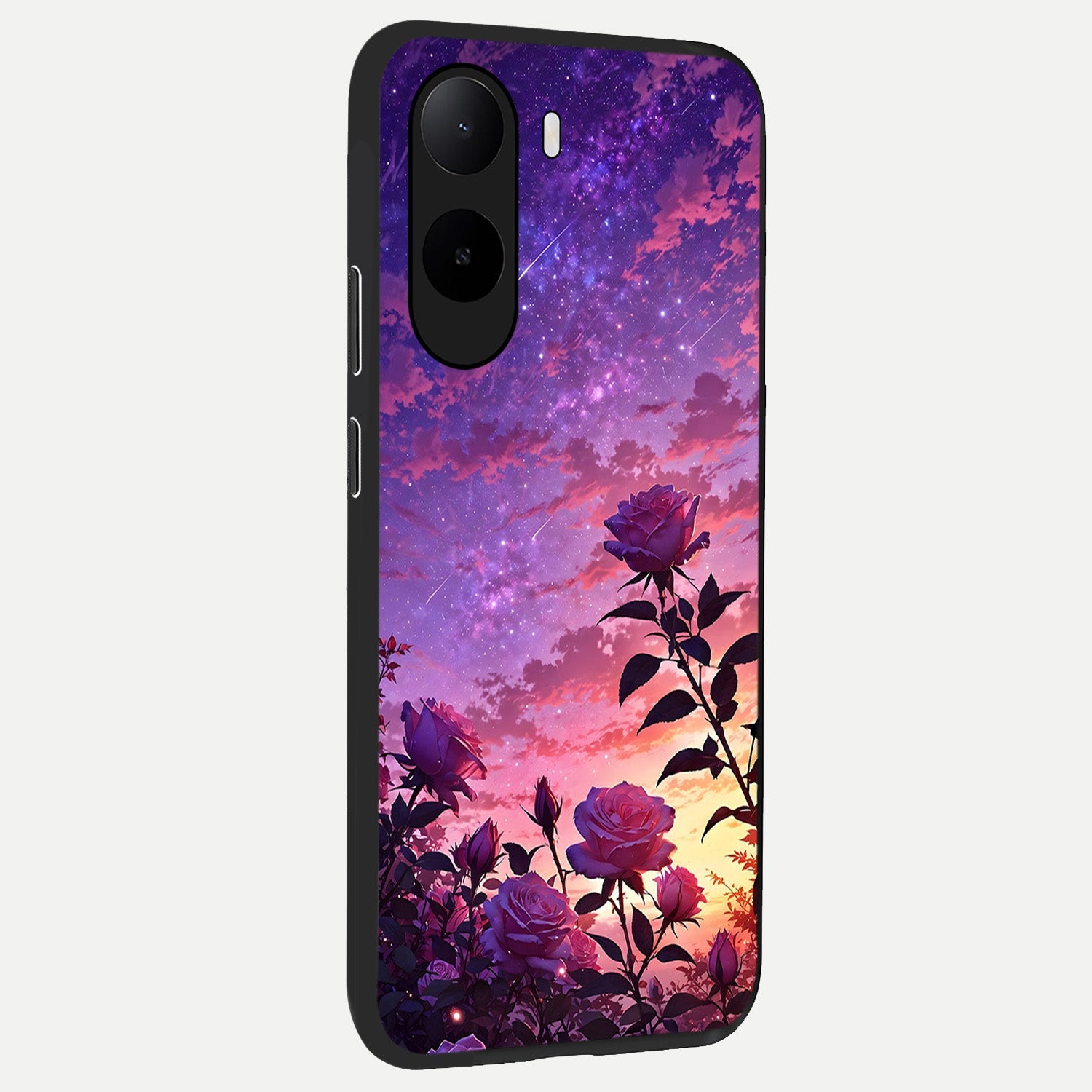  Starlit Rose Twilight back cover For Poco C85x slim fit glass case with vibrant aesthetic design