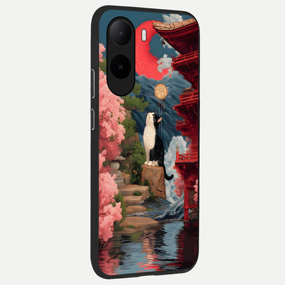  Temple Cat Scenery back cover For Poco C85x slim fit glass case with vibrant aesthetic design