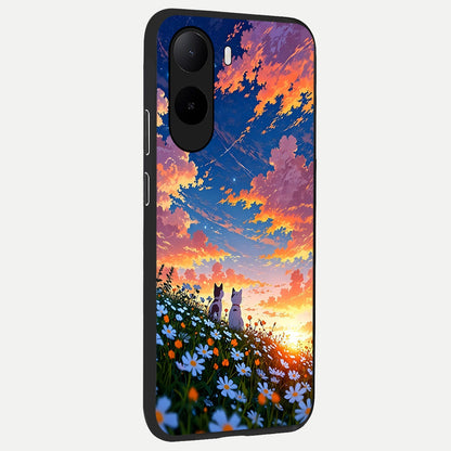  Two Cats Friends back cover For Poco C85x slim fit glass case with vibrant aesthetic design