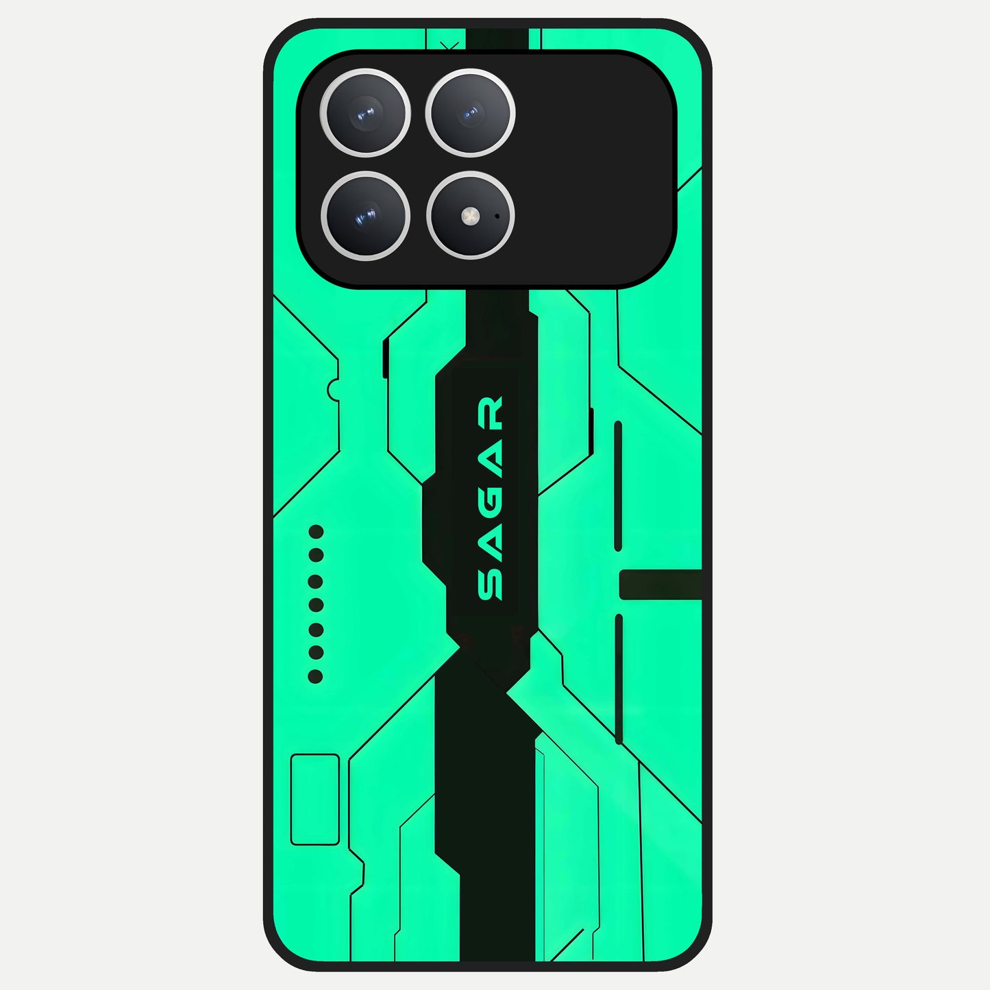  Aqua Tech CYBERPUNK Custom Name Glass Case For Poco F8 Pro back cover – full design glossy printed glass finish