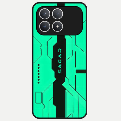  Aqua Tech CYBERPUNK Custom Name Glass Case For Poco F8 Pro back cover – full design glossy printed glass finish