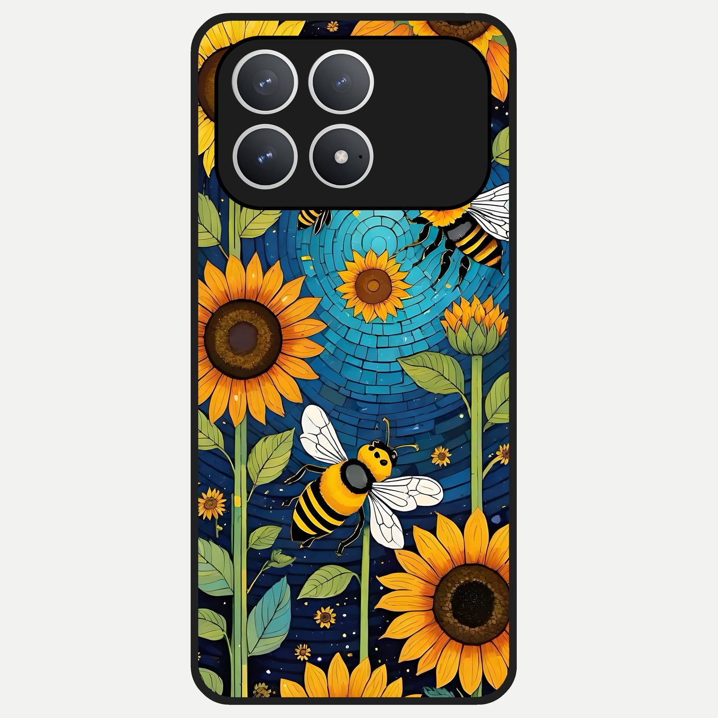  Bees And Sunflowers Glass Case For Poco F8 Pro back cover – full design glossy printed glass finish