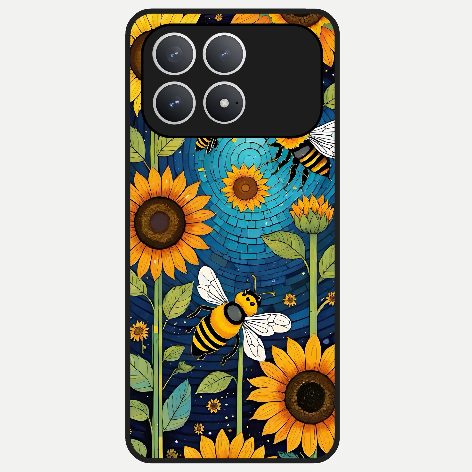 Bees And Sunflowers Glass Case For Poco F8 Pro back cover – full design glossy printed glass finish