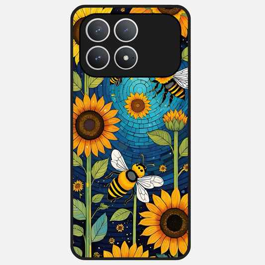  Bees And Sunflowers Glass Case For Poco F8 Pro back cover – full design glossy printed glass finish