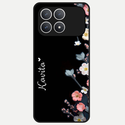  Black Elegance Floral Custom Name Glass Case For Poco F8 Pro back cover – full design glossy printed glass finish