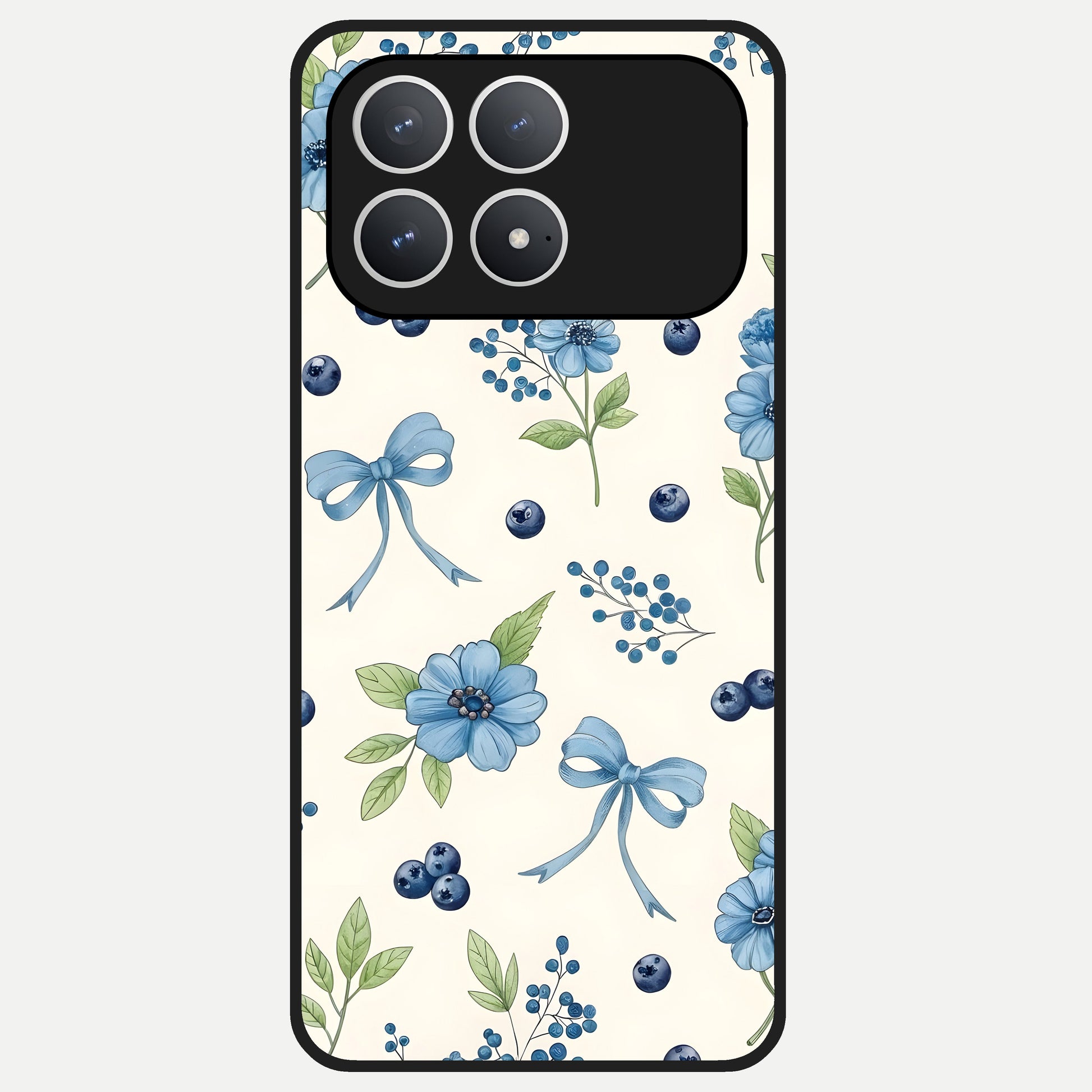  Blue Flower And Bow Glass Case For Poco F8 Pro back cover – full design glossy printed glass finish