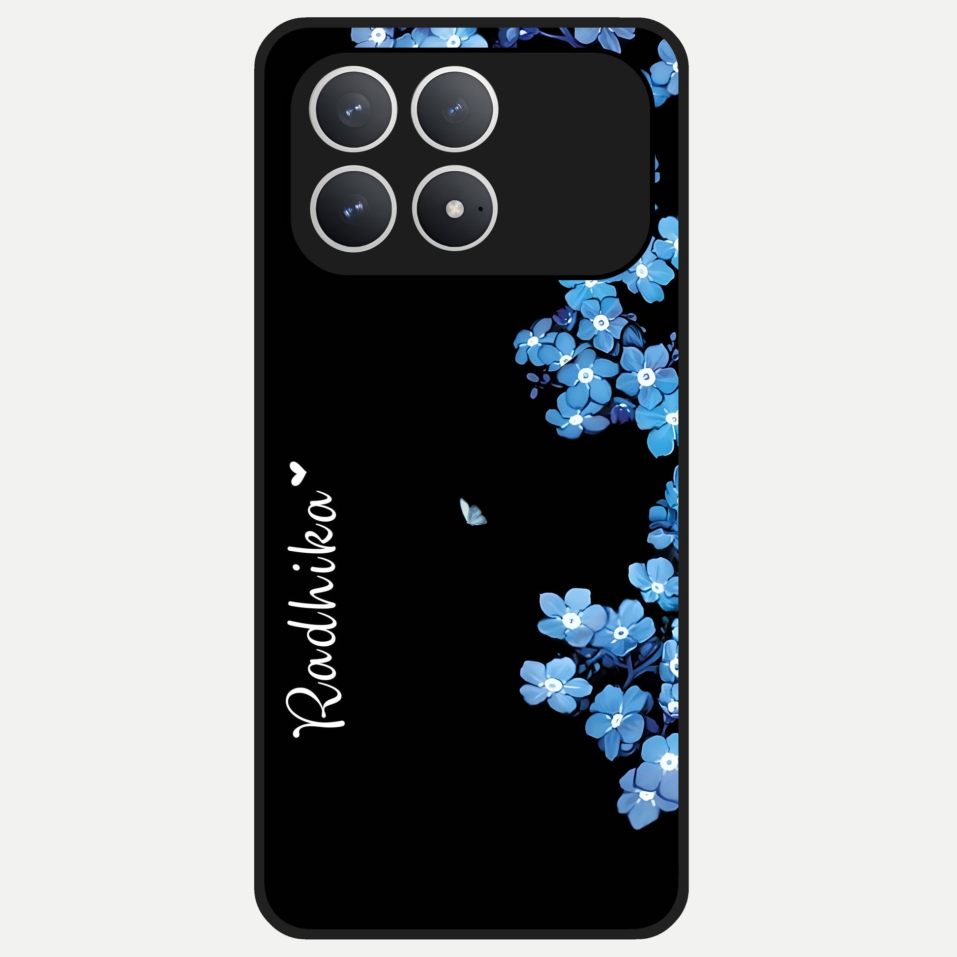 Blue Petal Dream Custom Name Glass Case For Poco F8 Pro back cover – full design glossy printed glass finish