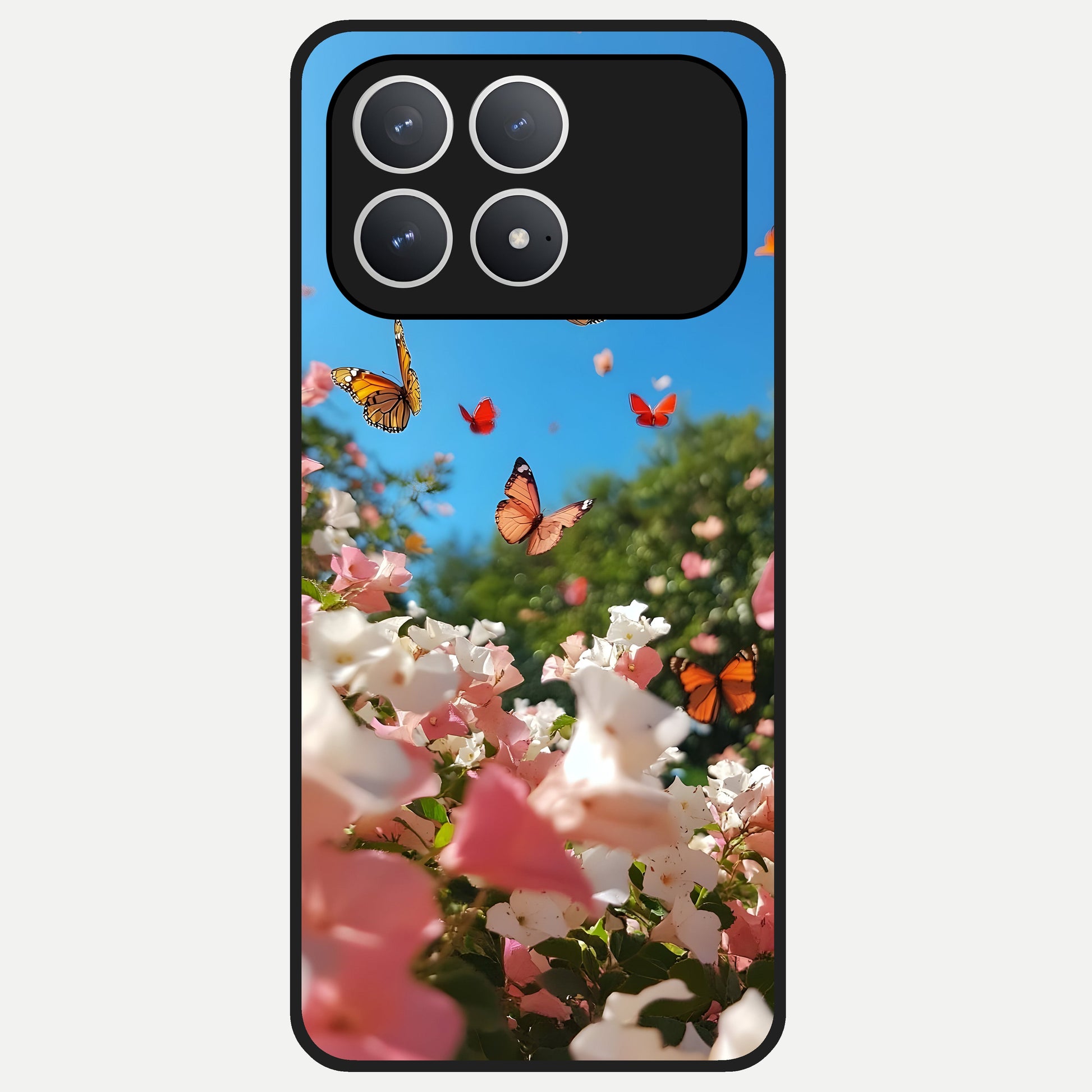  Butterflies In Bloom Sky Glass Case For Poco F8 Pro back cover – full design glossy printed glass finish