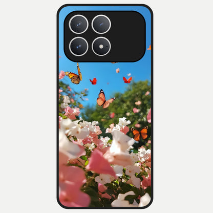  Butterflies In Bloom Sky Glass Case For Poco F8 Pro back cover – full design glossy printed glass finish