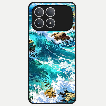  Coastal Blue Waves Glass Case For Poco F8 Pro back cover – full design glossy printed glass finish